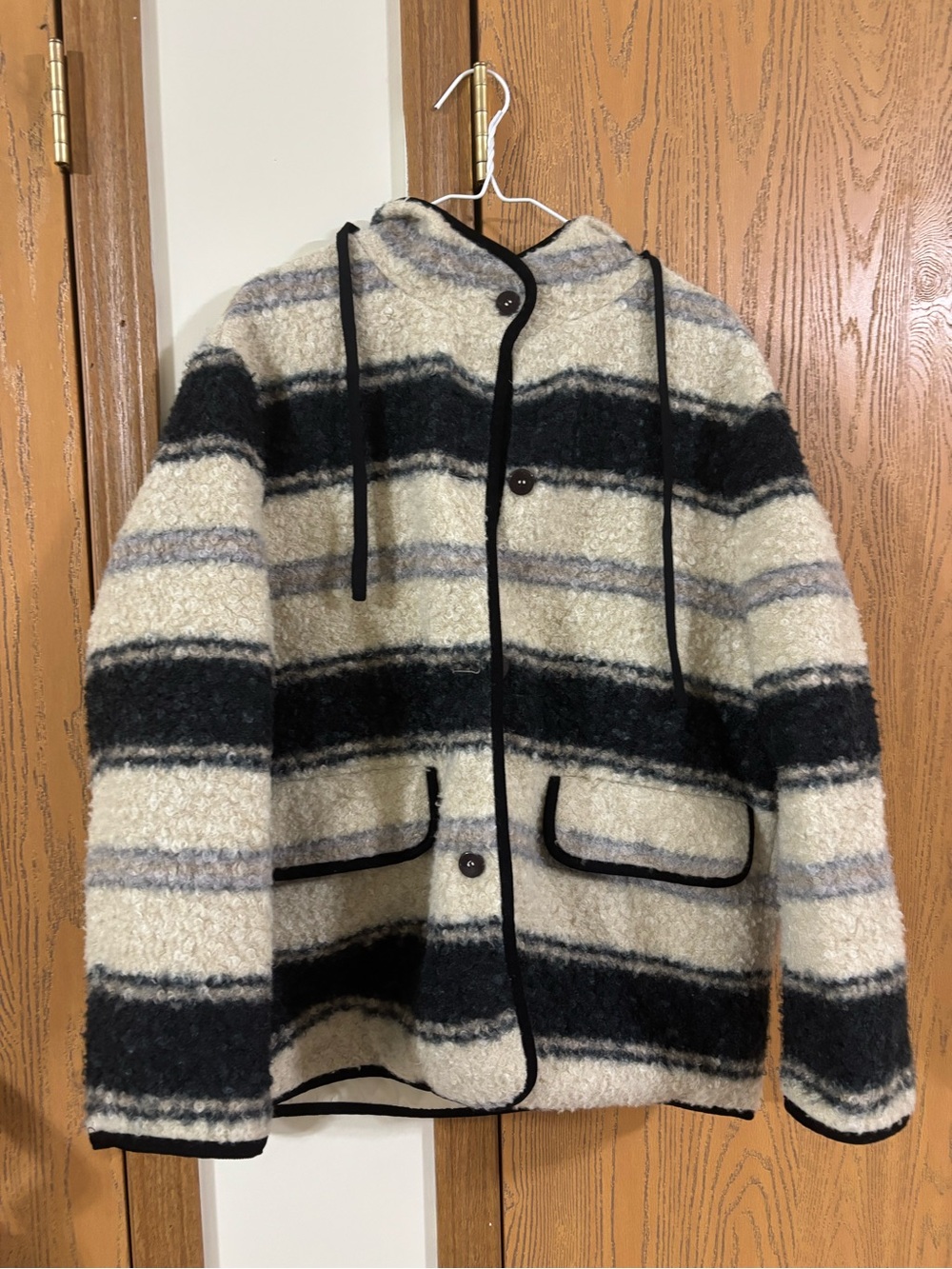 Striped Hooded Sherpa Jacket in Cream and Black